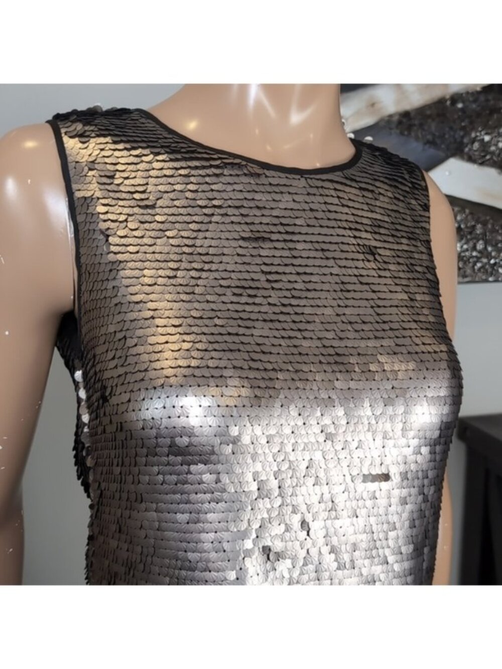 Zara Metallic Silver Sequin Mini Dress Womens Size Medium Sleeveless Shift Party - Picture 4 of 14